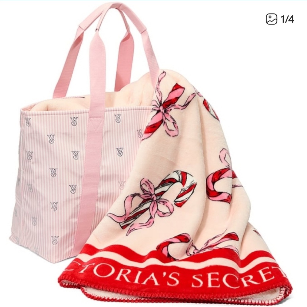 Victoria's Secret Pink and Red Candy Cane Blanket & rhinestone logo tote bag
